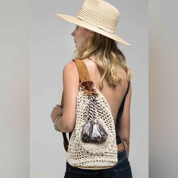 Handmade Crocheted Boho Backpack - Bucket Style - Cloth Backed Leather Straps - Picture 11 of 11